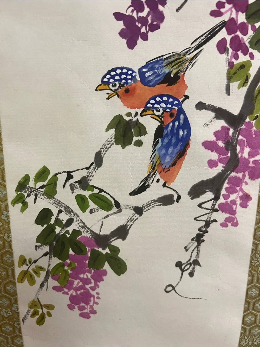 Vintage Korean Ink Wash Scroll Painting - Wisteria Flowers & Birds Wall Hanging